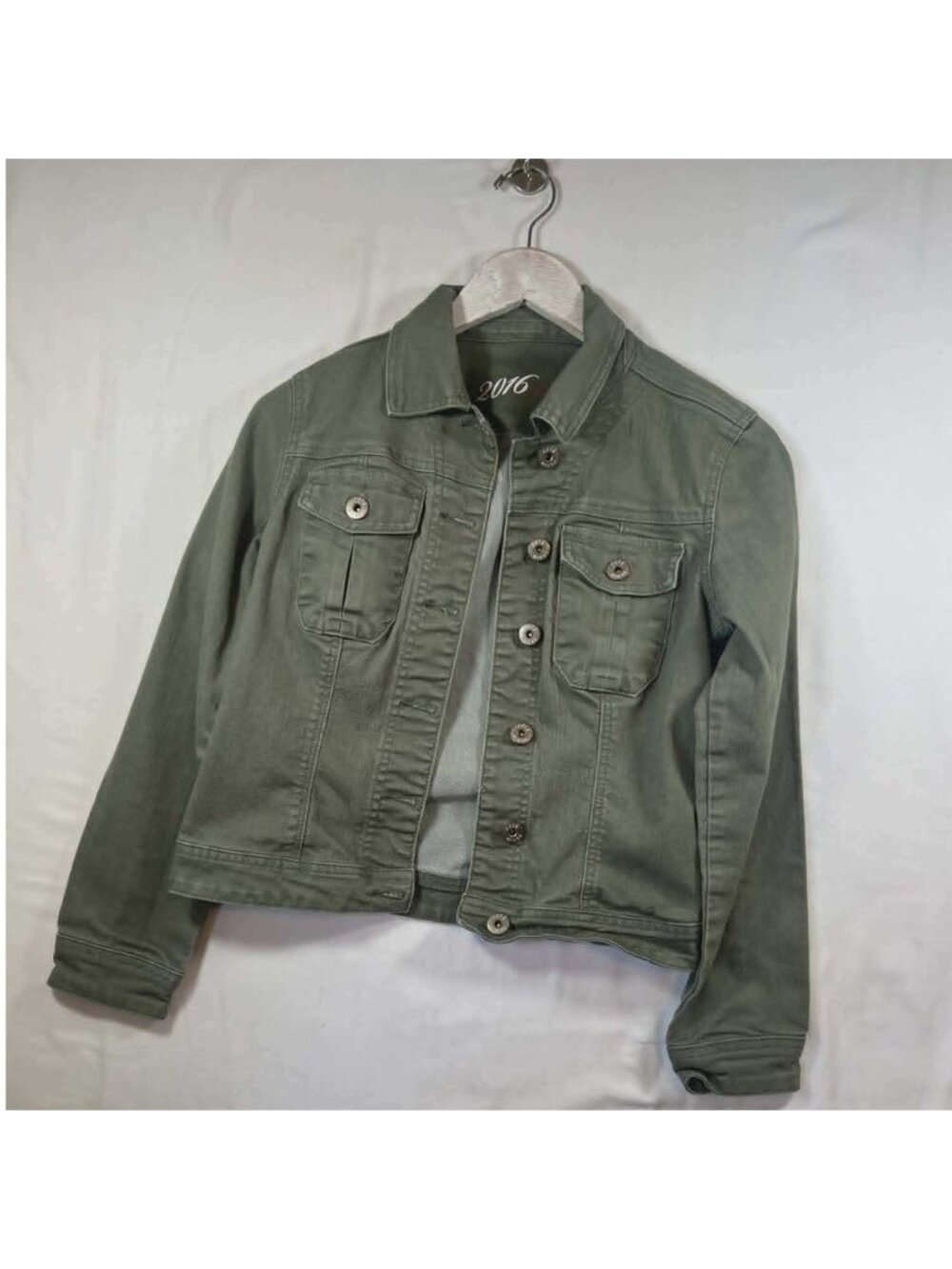2016 by Parasuco Womens‎ Olive Green Denim Trucker Jacket Stretch Size Small